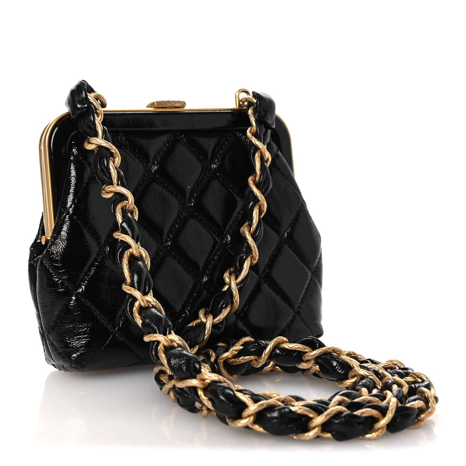 Chanel Patent Crumpled Lambskin Quilted Maxi Bow Clutch With Chain Black 3 of 11