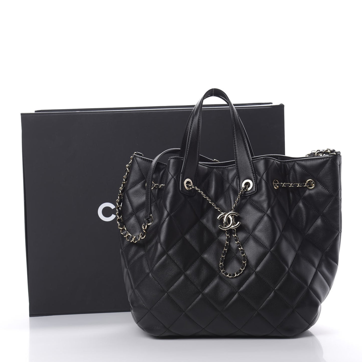 Lambskin Quilted CC Dweller Drawstring Tote Black