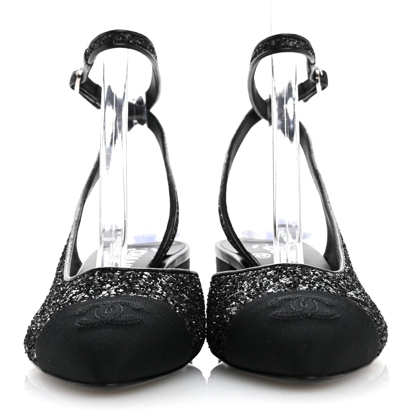 Glitter Grosgrain Cap Toe CC Ankle Wrap Pumps 37 Black