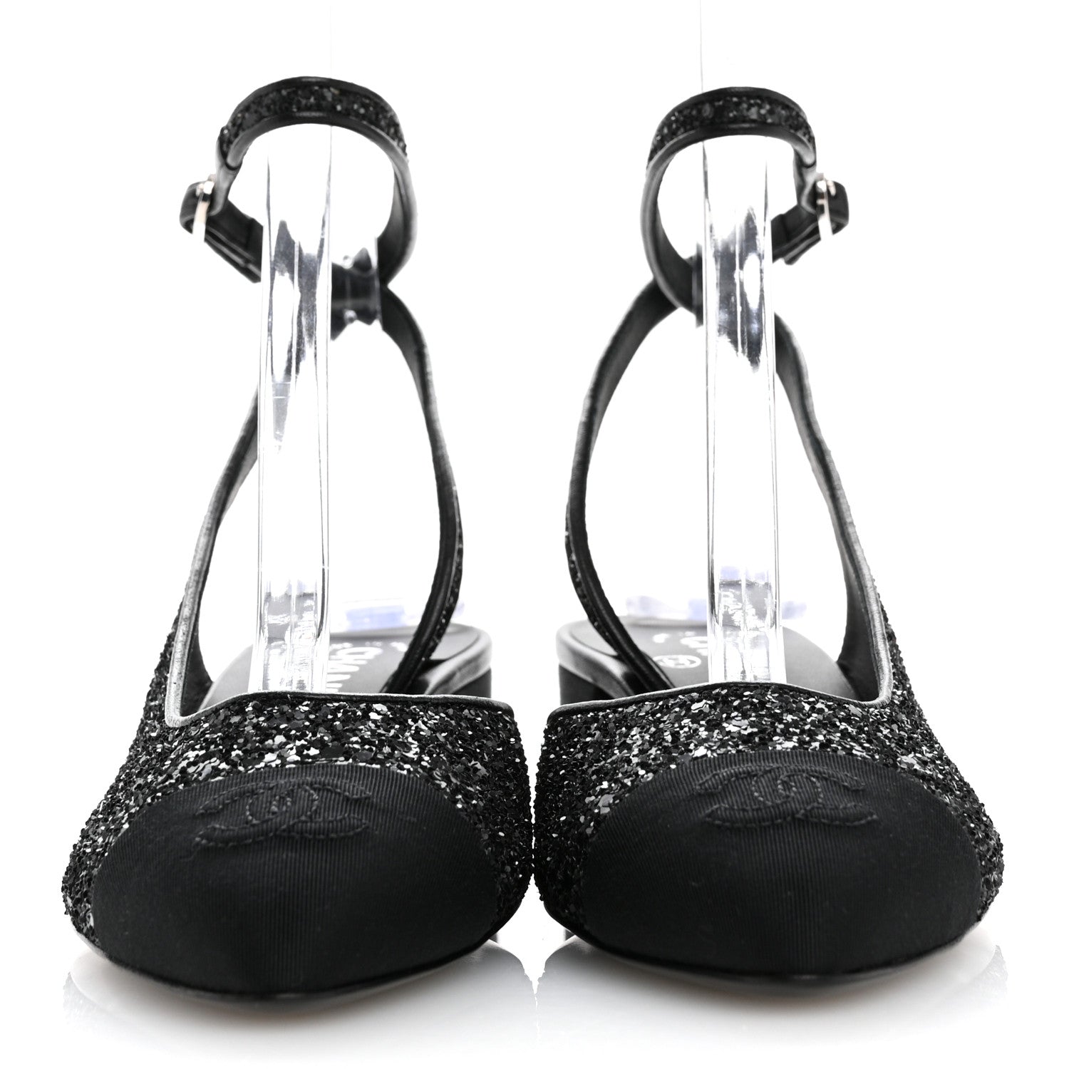 Chanel Glitter Grosgrain Cap Toe CC Ankle Wrap Pumps 37 Black 3 of 9