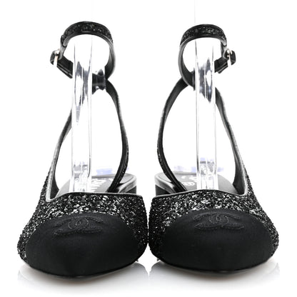 Chanel Glitter Grosgrain Cap Toe CC Ankle Wrap Pumps 37 Black 3 of 9