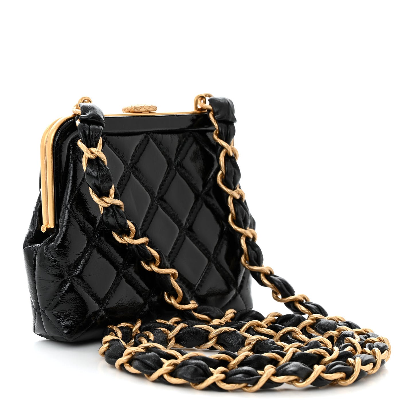 Patent Crumpled Lambskin Quilted Maxi Bow Clutch With Chain Black