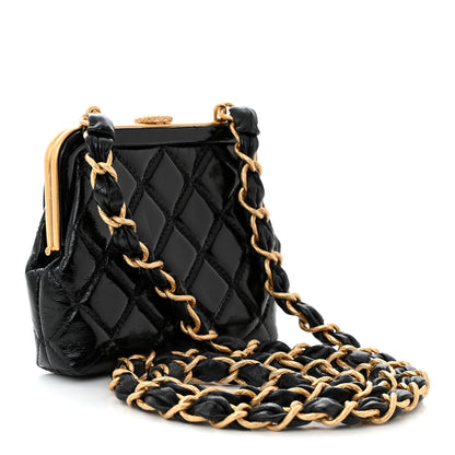 Chanel Patent Crumpled Lambskin Quilted Maxi Bow Clutch With Chain Black 3 of 11