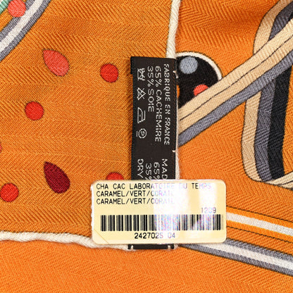 Hermes Cashmere Silk Le Laboratoire du Temps Shawl 140 Caramel Vert Corail 3 of 6