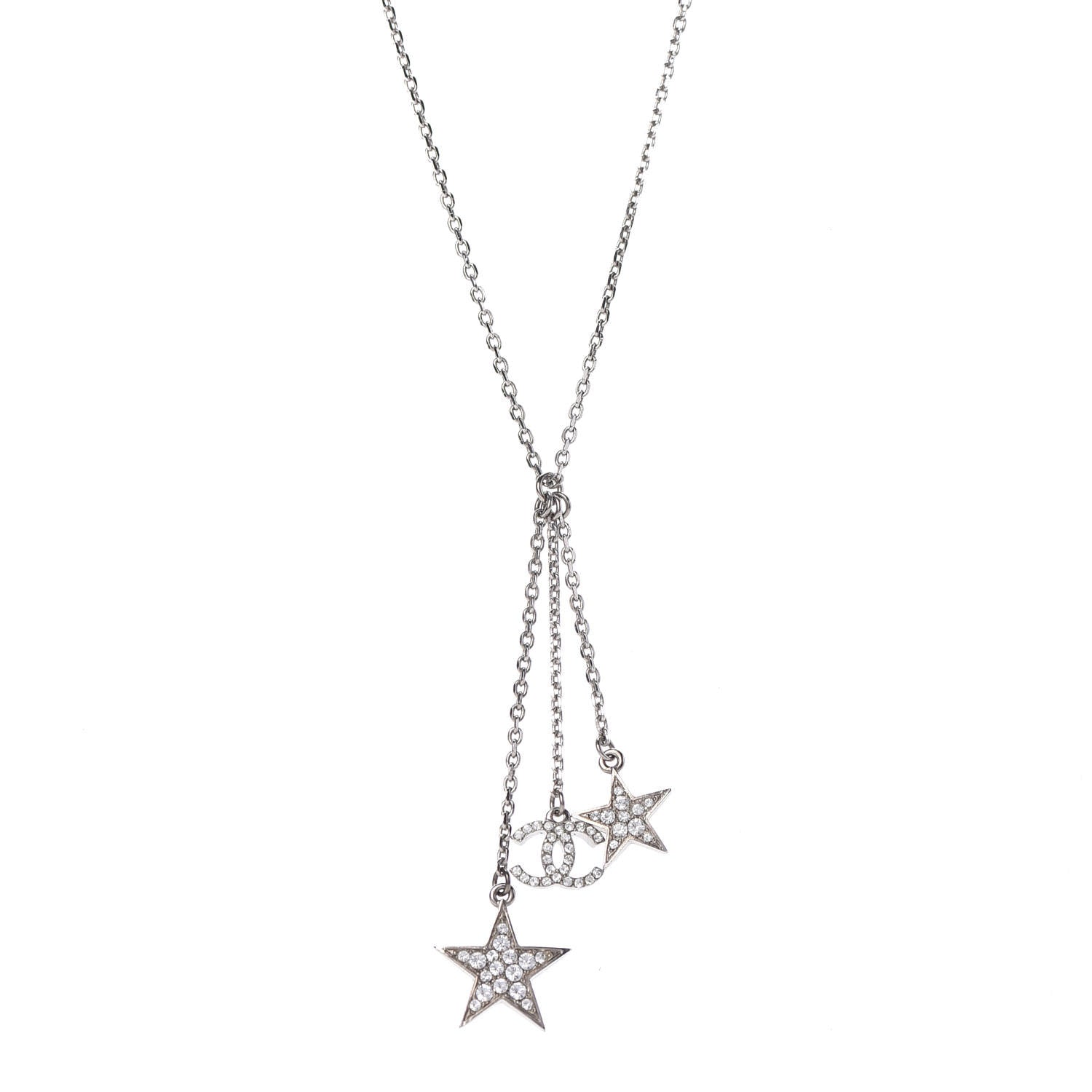 Chanel Crystal Glitter Enamel CC Star Drop Necklace Silver 3 of 5