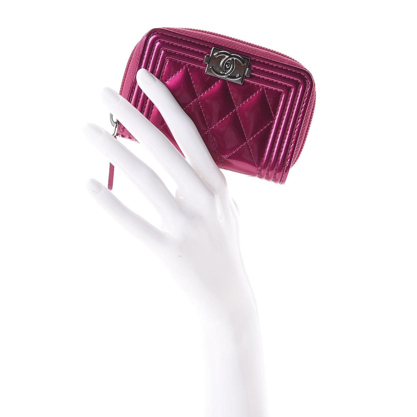 Metallic Patent Quilted Zip Around Boy Coin Purse Wallet Fuchsia