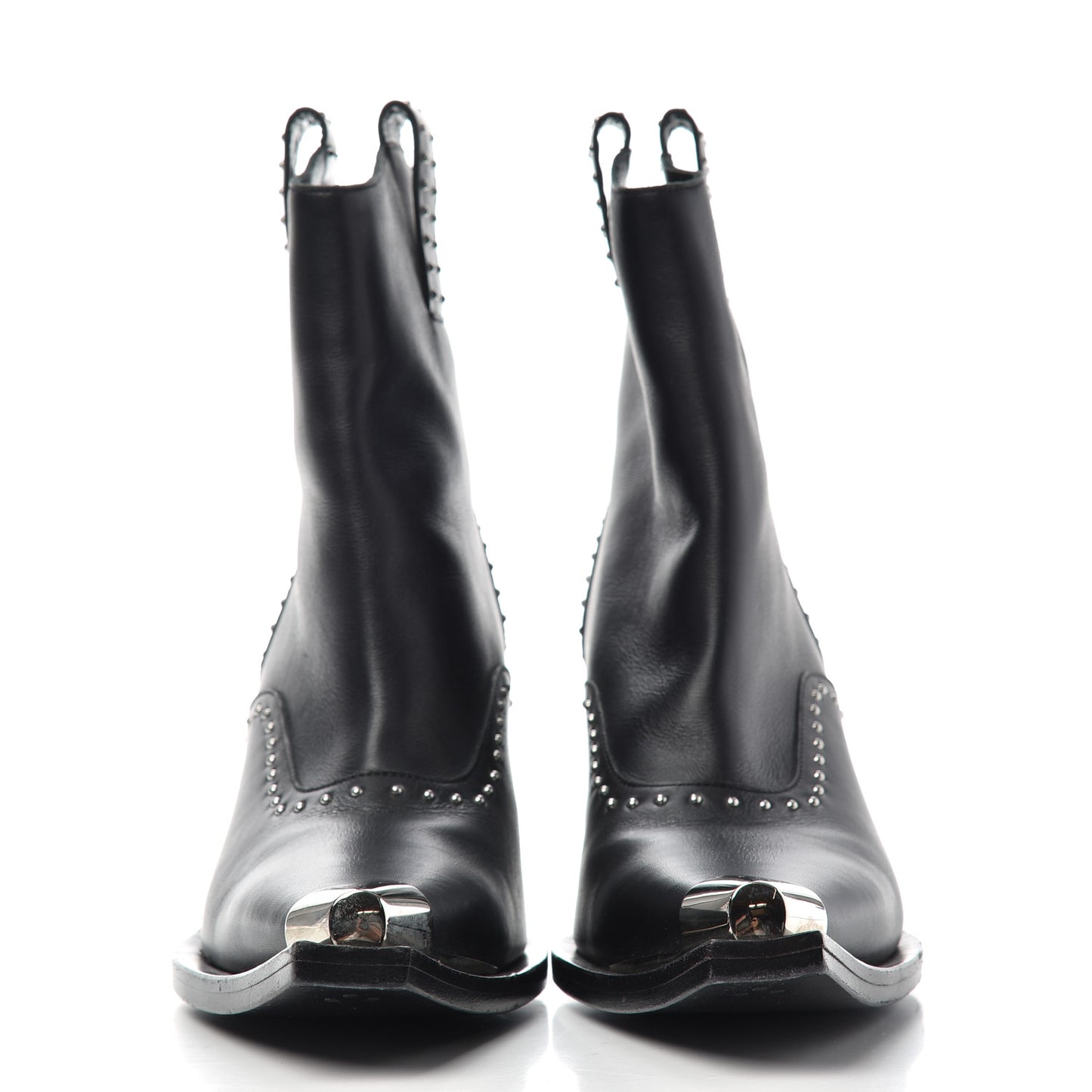 Smooth Calfskin Studded Western Cap Toe Ankle Boots 38.5 Black