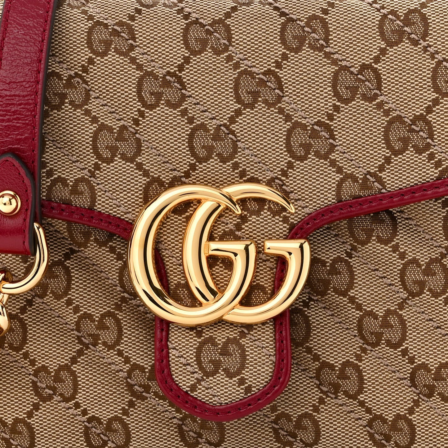 Monogram Glazed Calfskin Matelasse Diagonal Mini GG Marmont Top Handle Shoulder Bag Beige Ebony New Cherry Red