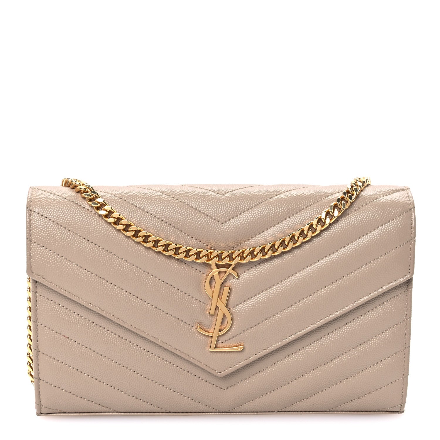 Saint Laurent Grain De Poudre Matelasse Chevron Monogram Chain Wallet Dark Beige 1 of 8