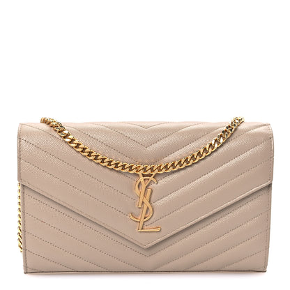 Saint Laurent Grain De Poudre Matelasse Chevron Monogram Chain Wallet Dark Beige 1 of 8