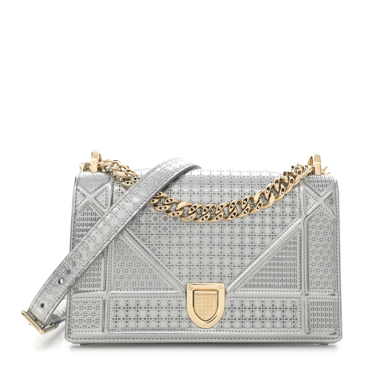 Metallic Patent Micro-Cannage Small Diorama Flap Bag Silver
