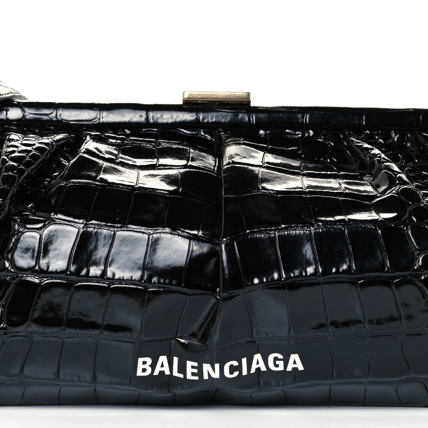 Shiny Supple Calfskin Logo Crocodile Embossed XL Cloud Clutch Black White