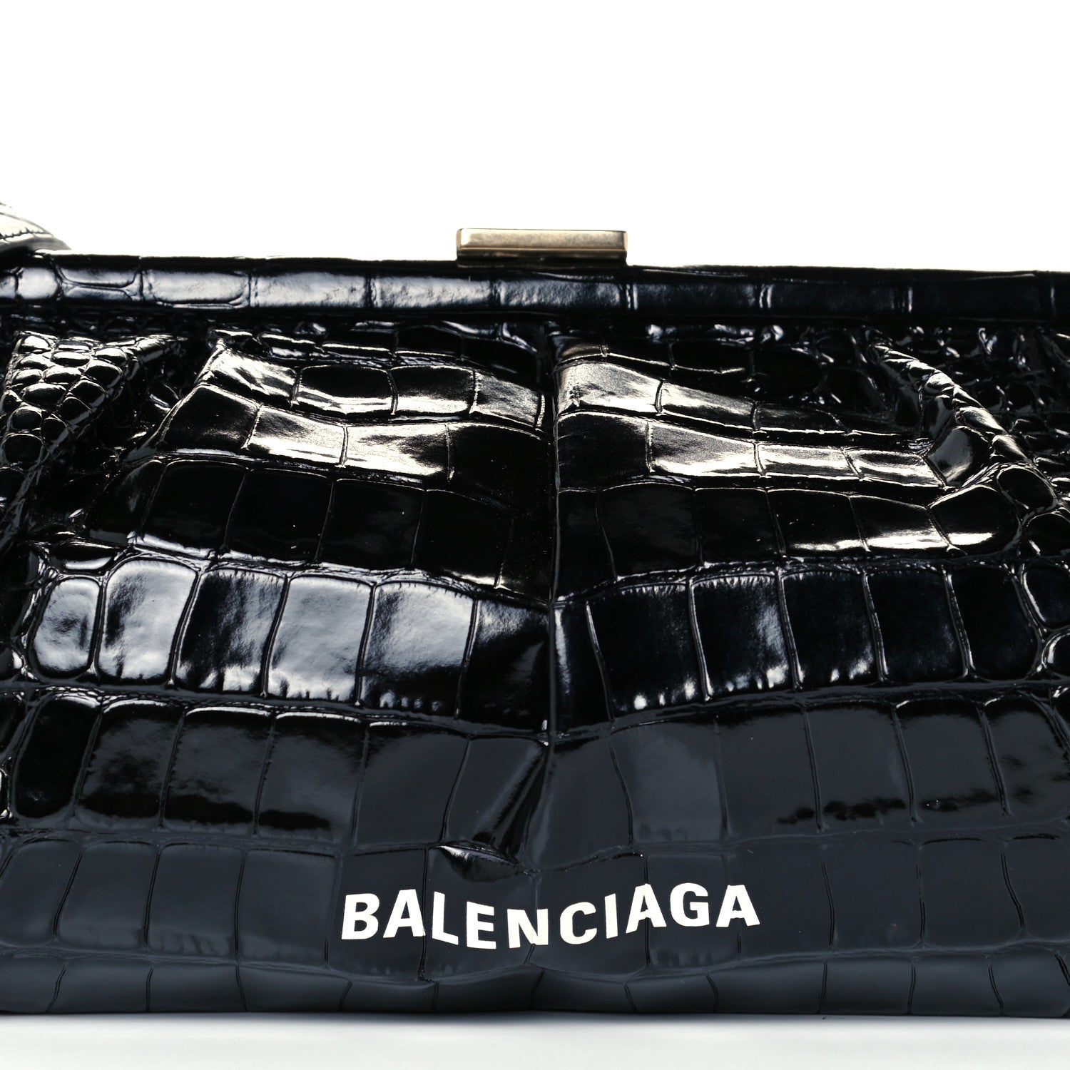Balenciaga Shiny Supple Calfskin Logo Crocodile Embossed XL Cloud Clutch Black White 7 of 9