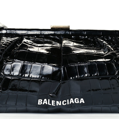 Balenciaga Shiny Supple Calfskin Logo Crocodile Embossed XL Cloud Clutch Black White 7 of 9