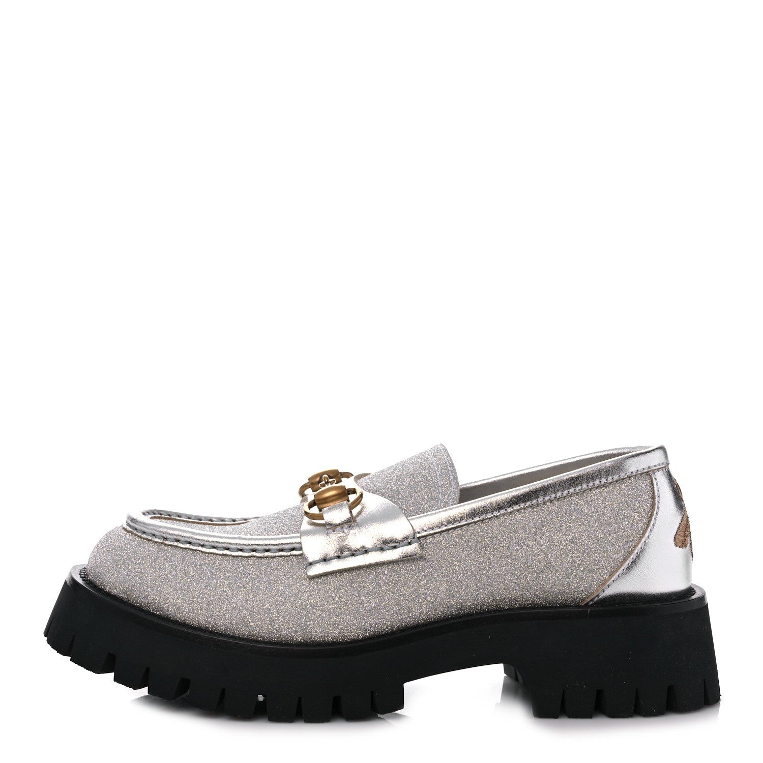 Gucci Mini Diamond Storm Silk Calfskin Womens Harald Horsebit 25mm Platform Loafers 35 Silver 1 of 10