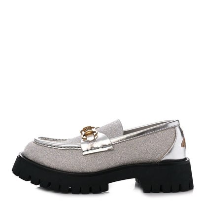 Gucci Mini Diamond Storm Silk Calfskin Womens Harald Horsebit 25mm Platform Loafers 35 Silver 1 of 10