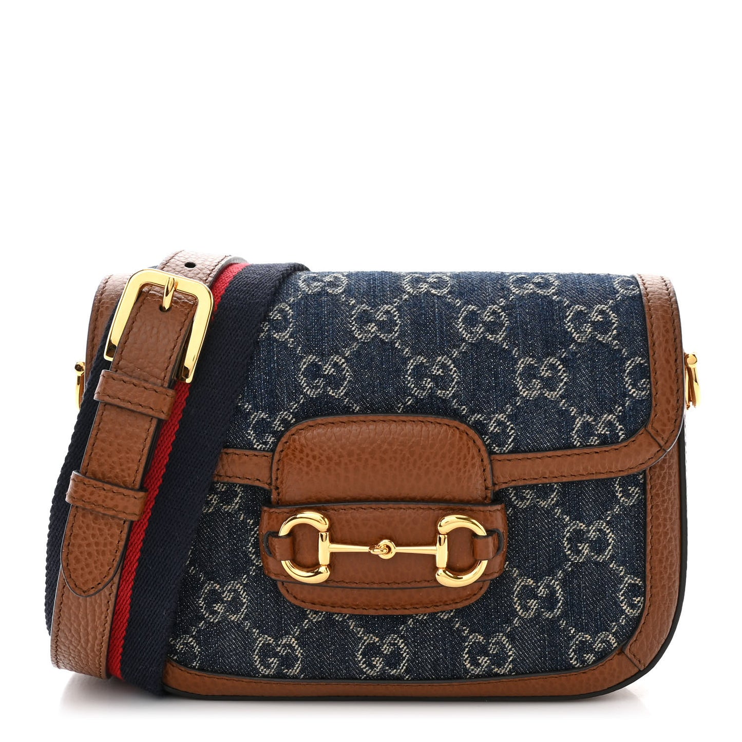 New Denim GG Monogram Dollar Calfskin Web Mini Horsebit 1955 Shoulder Bag Blue Tea Cuir Epilog