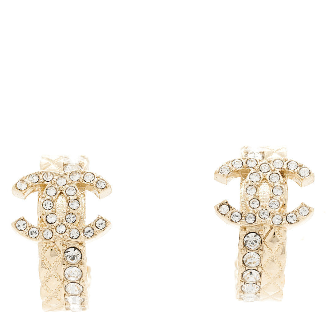 Chanel Metal Crystal Quilted CC Hoop Earrings Gold 1 of 5