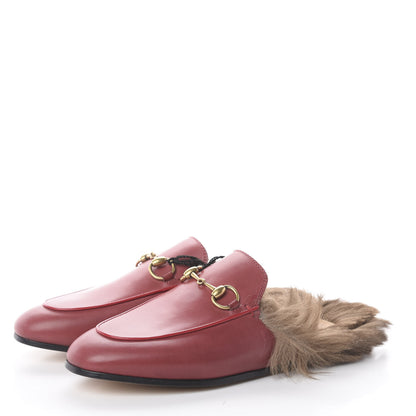 Gucci Betis Glamour Calfskin Fur Womens Princetown Slippers 35 Hibiscus Red Naturale 2 of 7