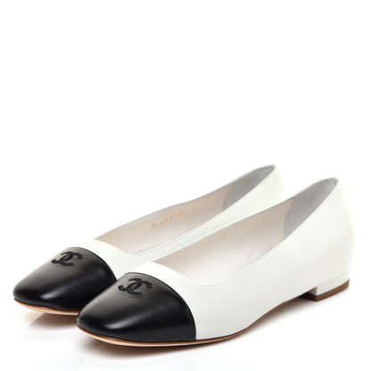 Chanel Lambskin Cap Toe CC Ballerina Flats 37.5 White Black 3 of 10