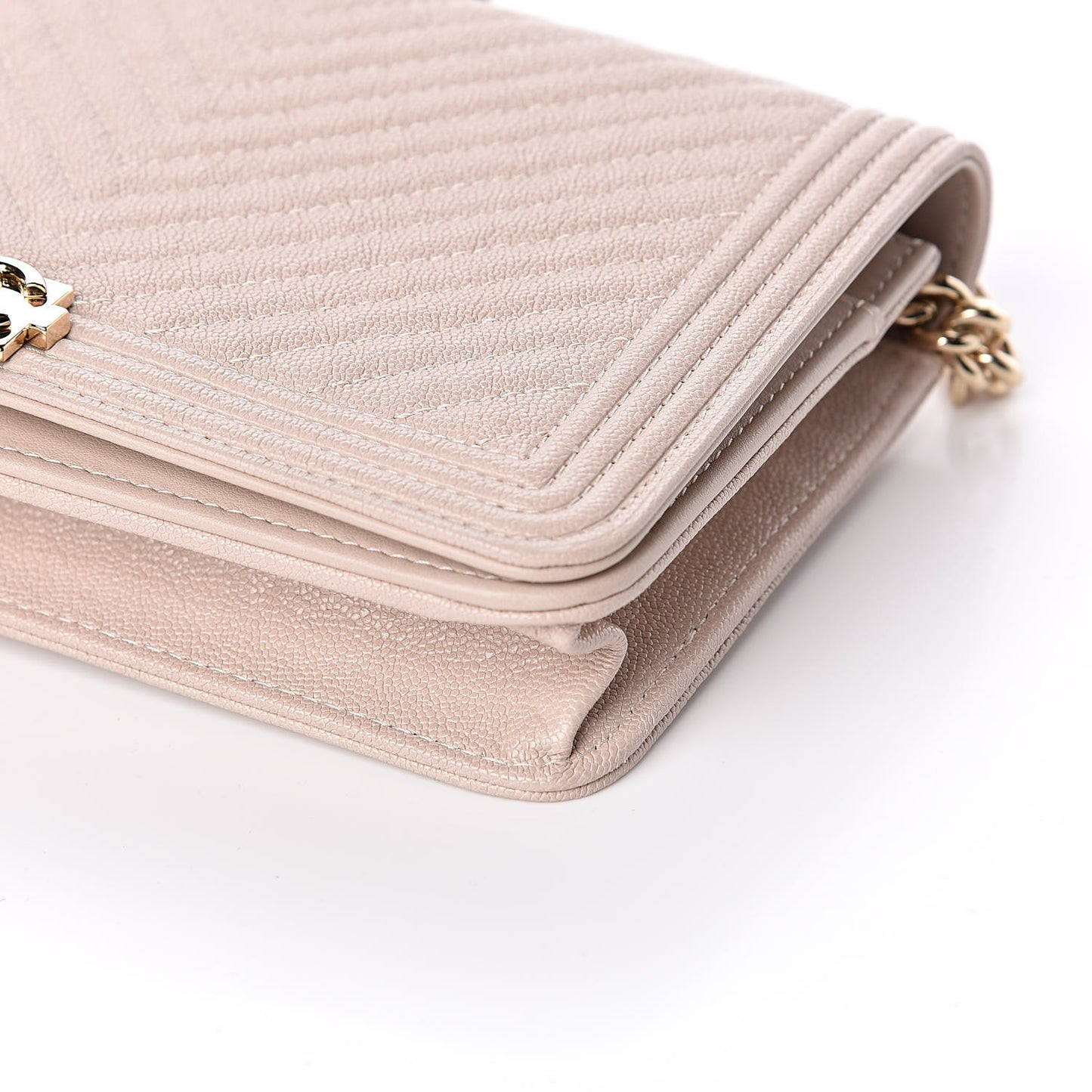 Caviar Chevron Quilted Boy Wallet On Chain WOC Light Beige