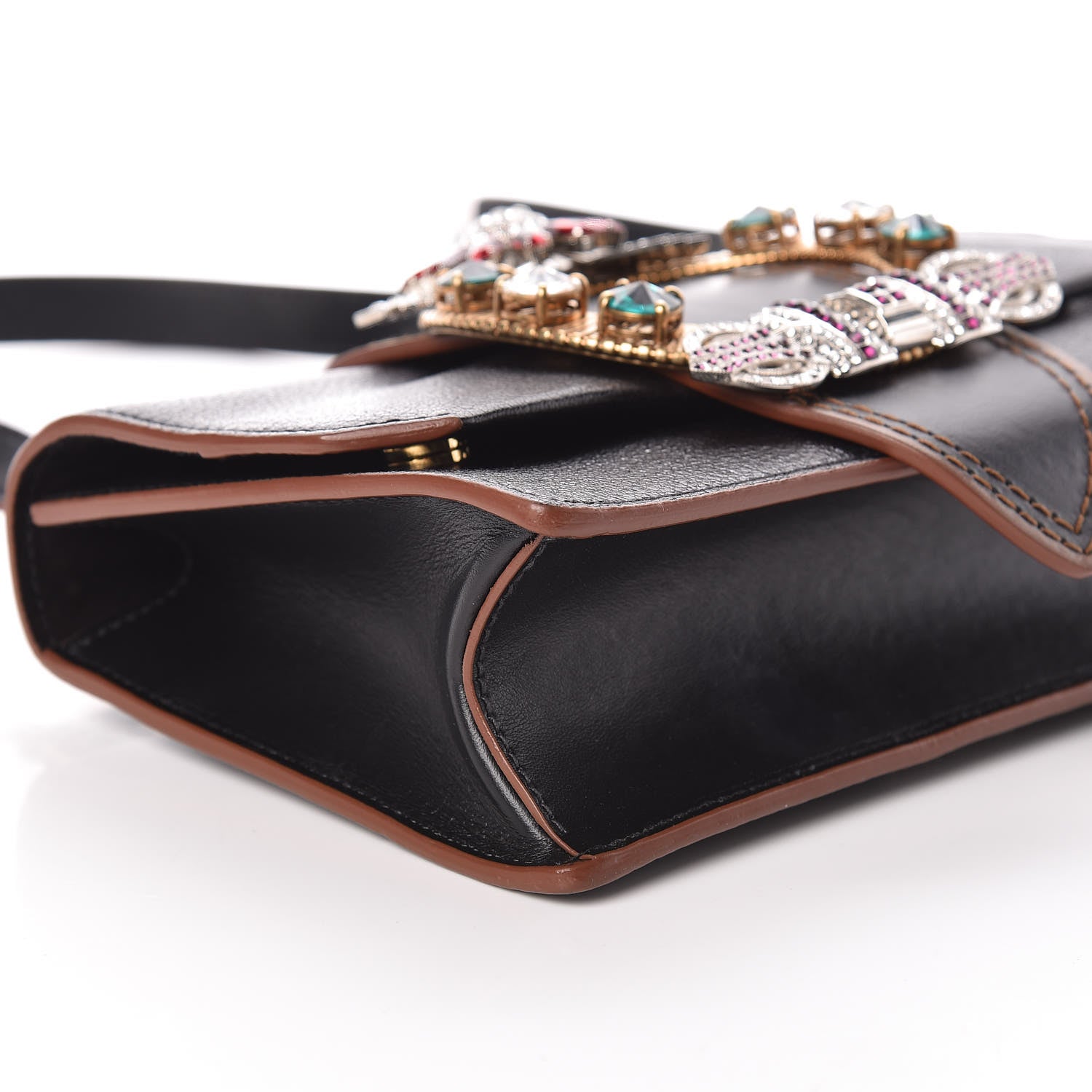 Miu Miu Goatskin Madras Soft Calf Crystal Embellished Shoulder Bag Black 5 of 8