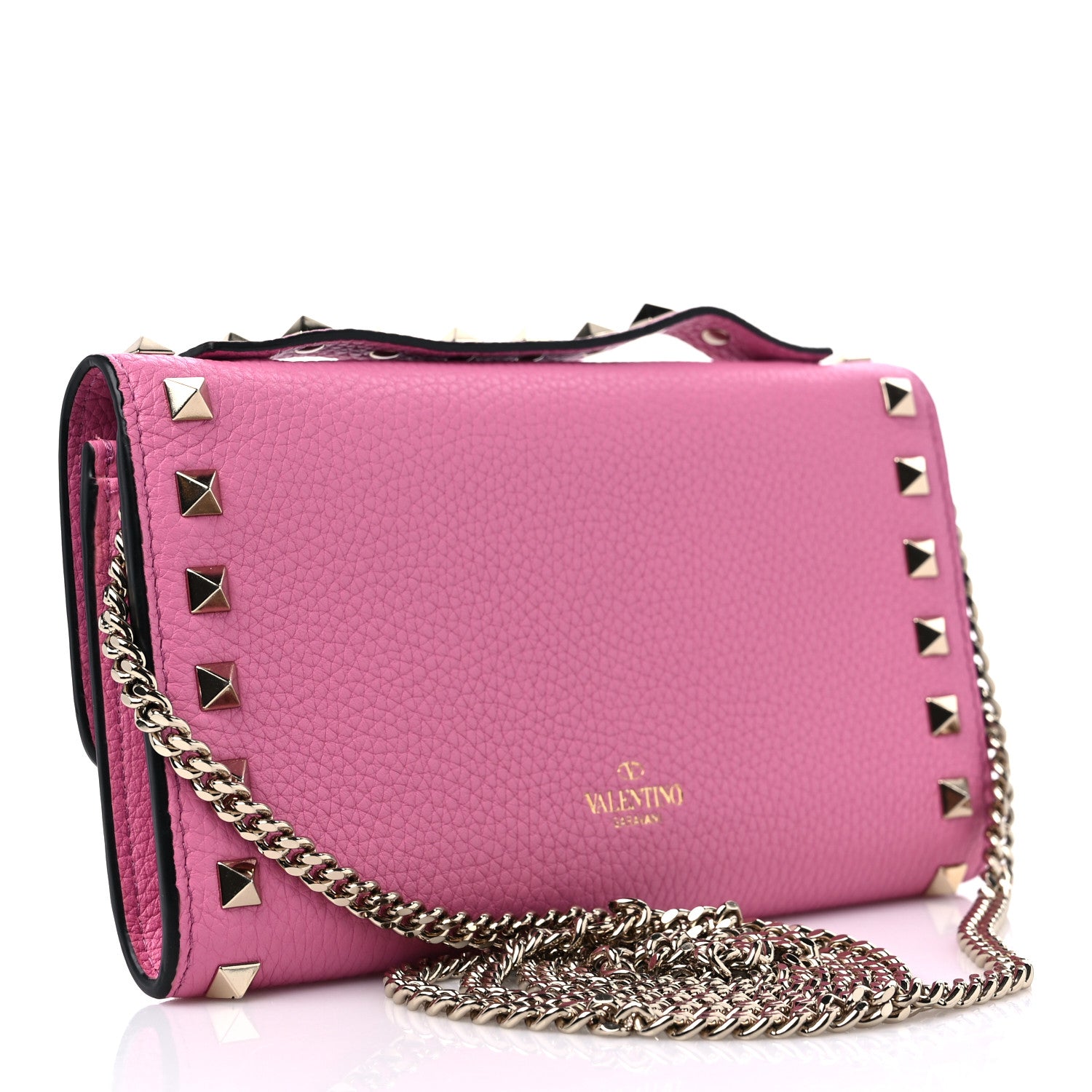Valentino Garavani Pebbled Calfskin Rockstud Flip Lock Wallet On Chain Dawn Pink 3 of 9