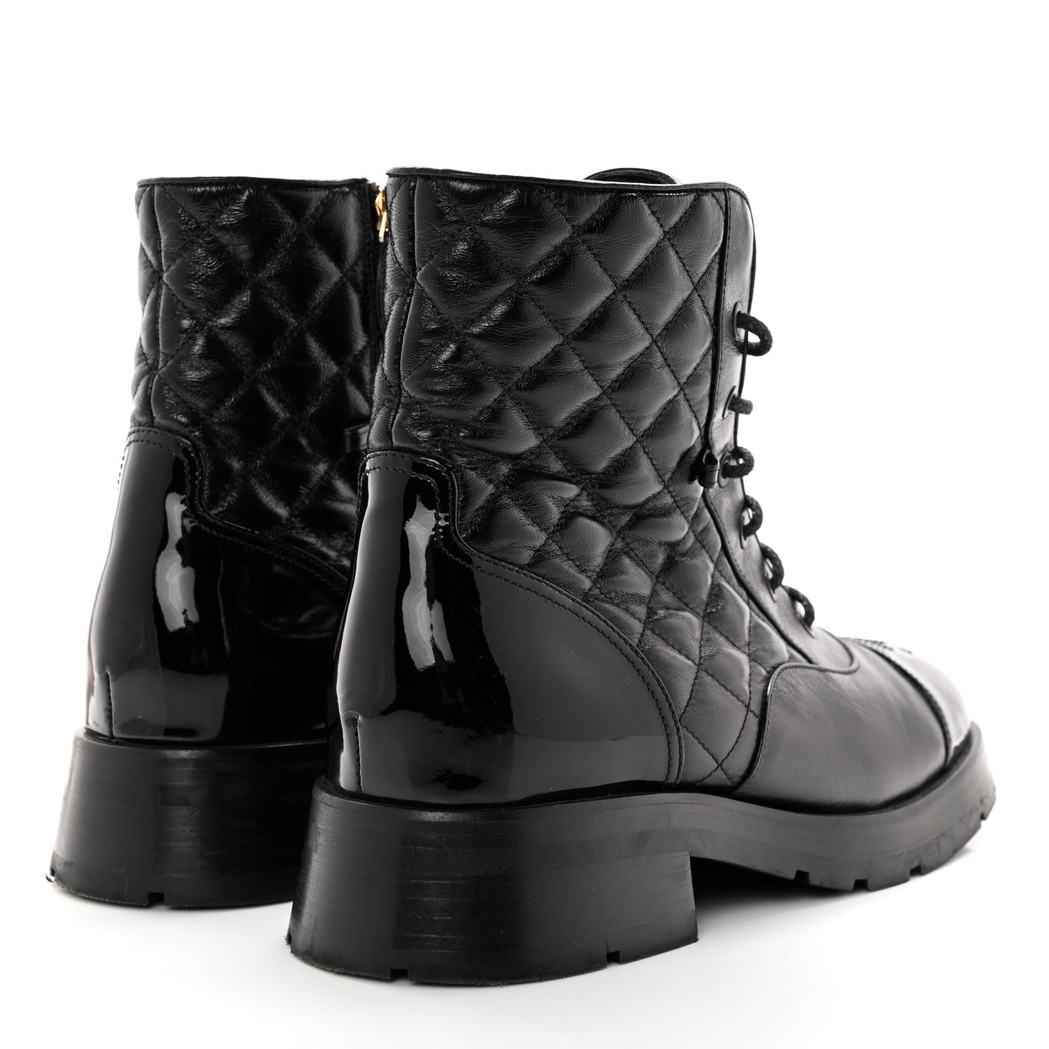 Chanel Shiny Calfskin Patent Quilted Chain Lace Up Combat Boots 39 Black 4 of 15