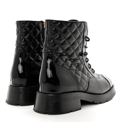 Chanel Shiny Calfskin Patent Quilted Chain Lace Up Combat Boots 39 Black 4 of 15