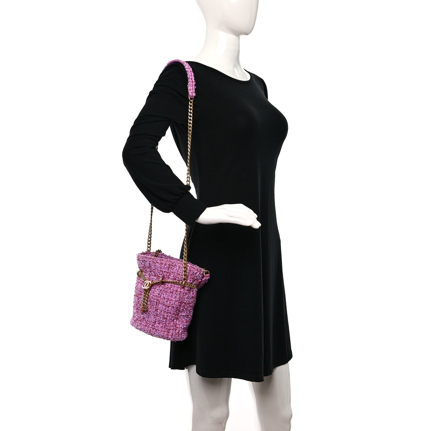 Tweed Enamel Quilted Pending CC Bucket Drawstring Bag Light Purple Pink Red