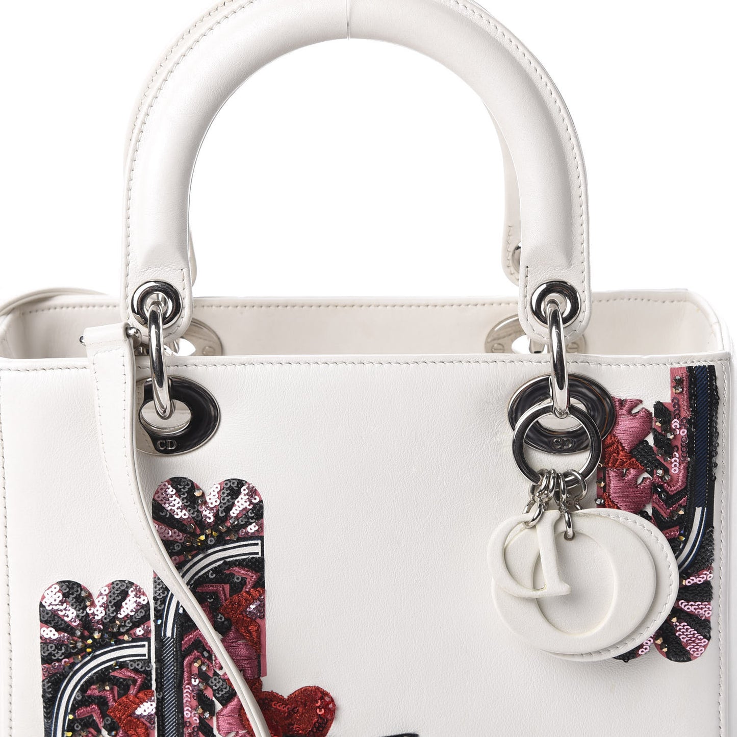 Smooth Calfskin Embroidered Medium Lady Dior White Multicolor