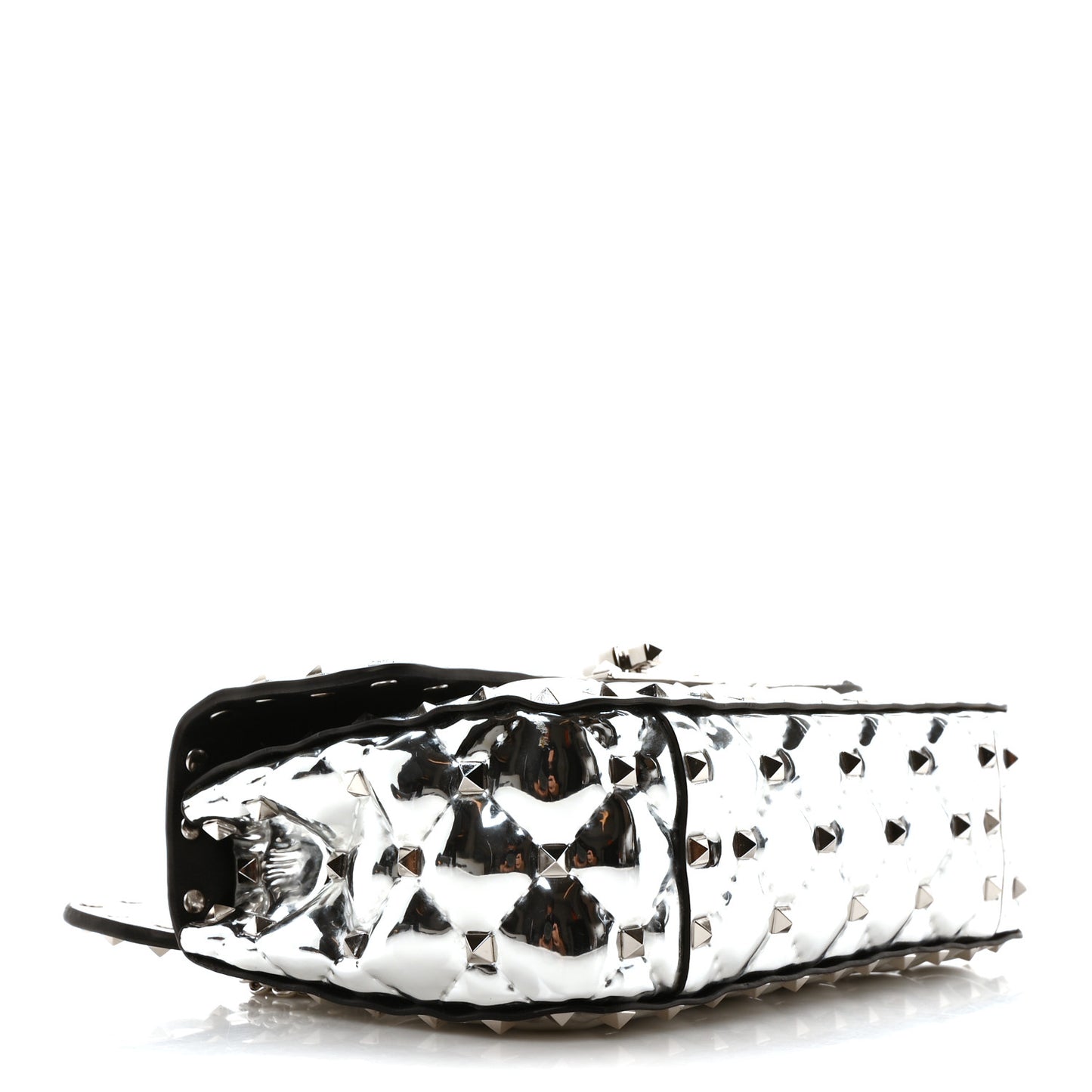 Metallic Patent Quilted Small Rockstud Spike Shoulder Bag Silver