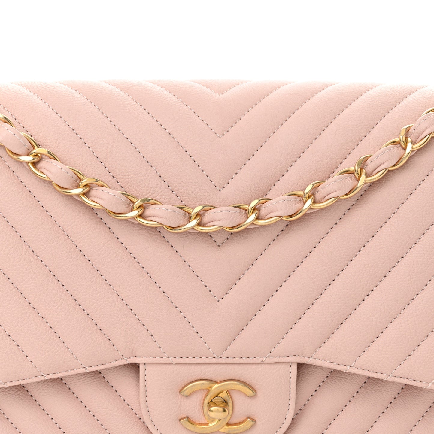 Calfskin Chevron Quilted Jumbo Double Flap Light Pink