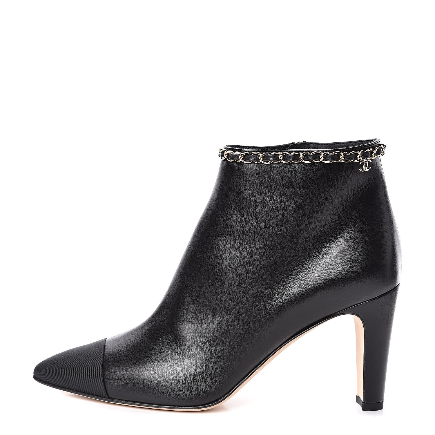 Chanel Lambskin Grosgrain CC Chain Cap Toe Short Boots 39.5 Black 1 of 9