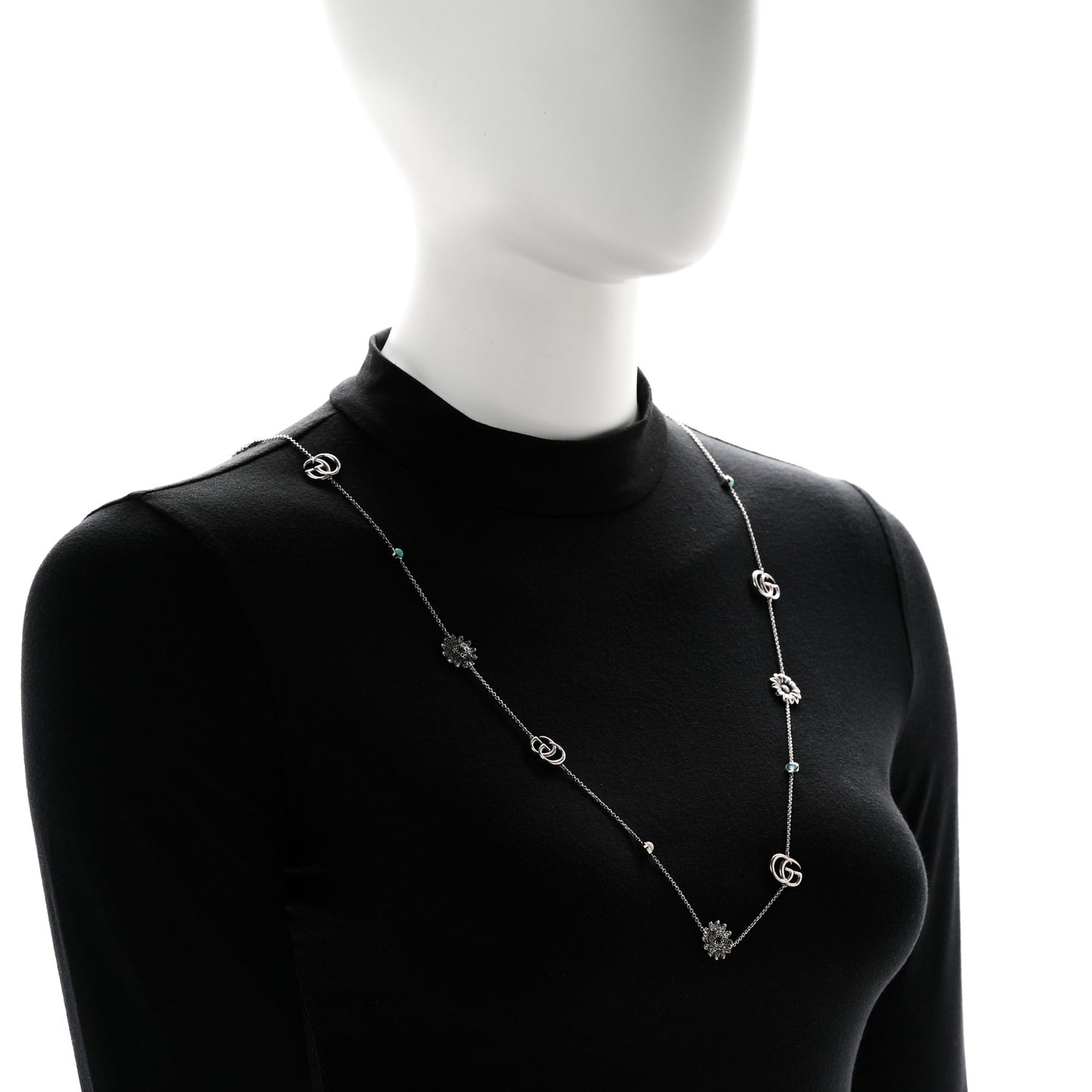Sterling Silver Mother of Pearl Topaz Turquoise GG Marmont Flower Station Necklace