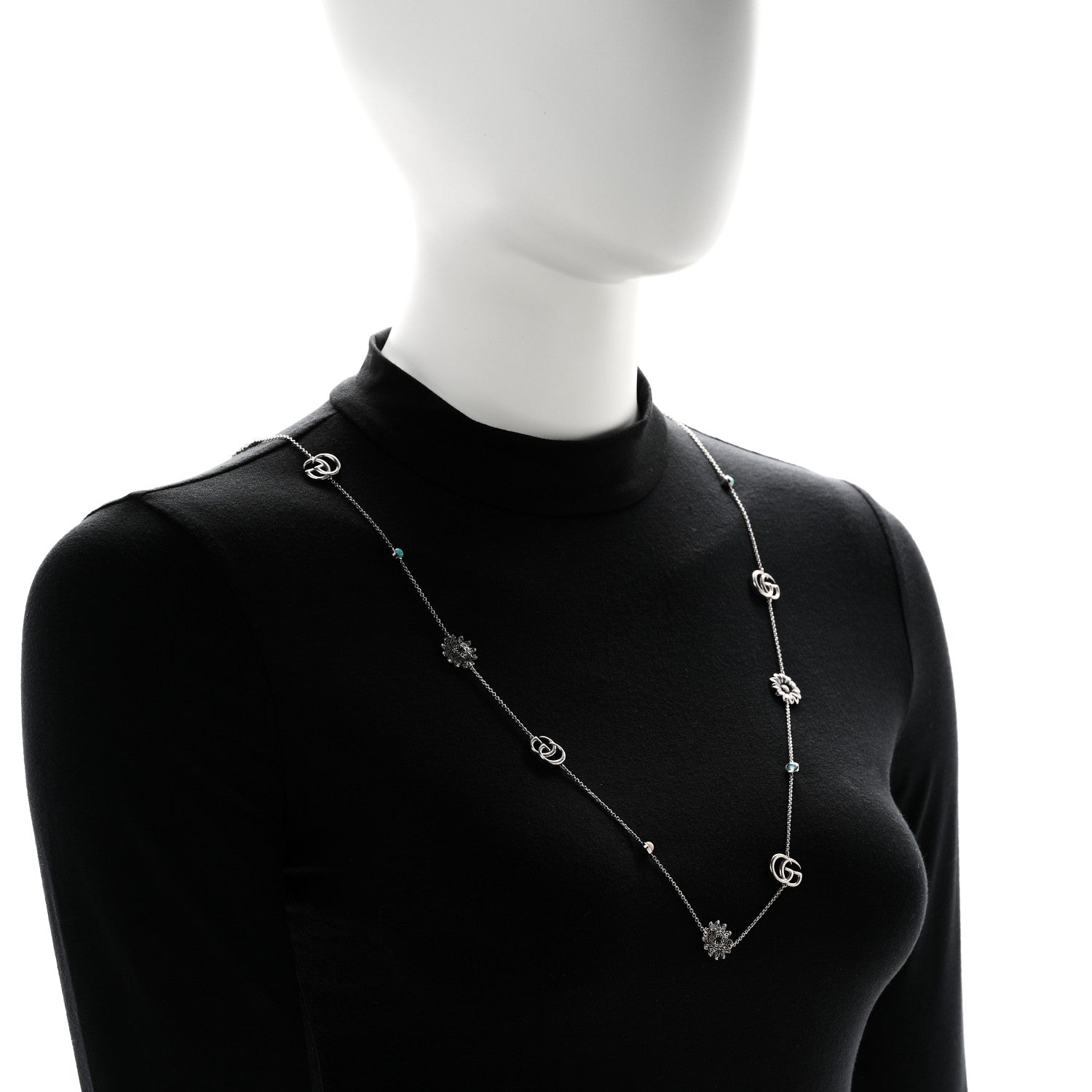 Gucci Sterling Silver Mother of Pearl Topaz Turquoise GG Marmont Flower Station Necklace 2 of 5