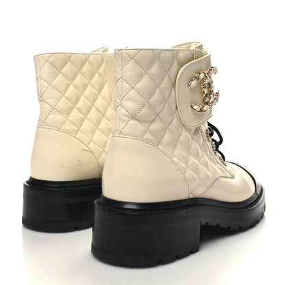 Chanel Shiny Calfskin Quilted Lace Up Combat Boots 37.5 Ivory Black 4 of 9