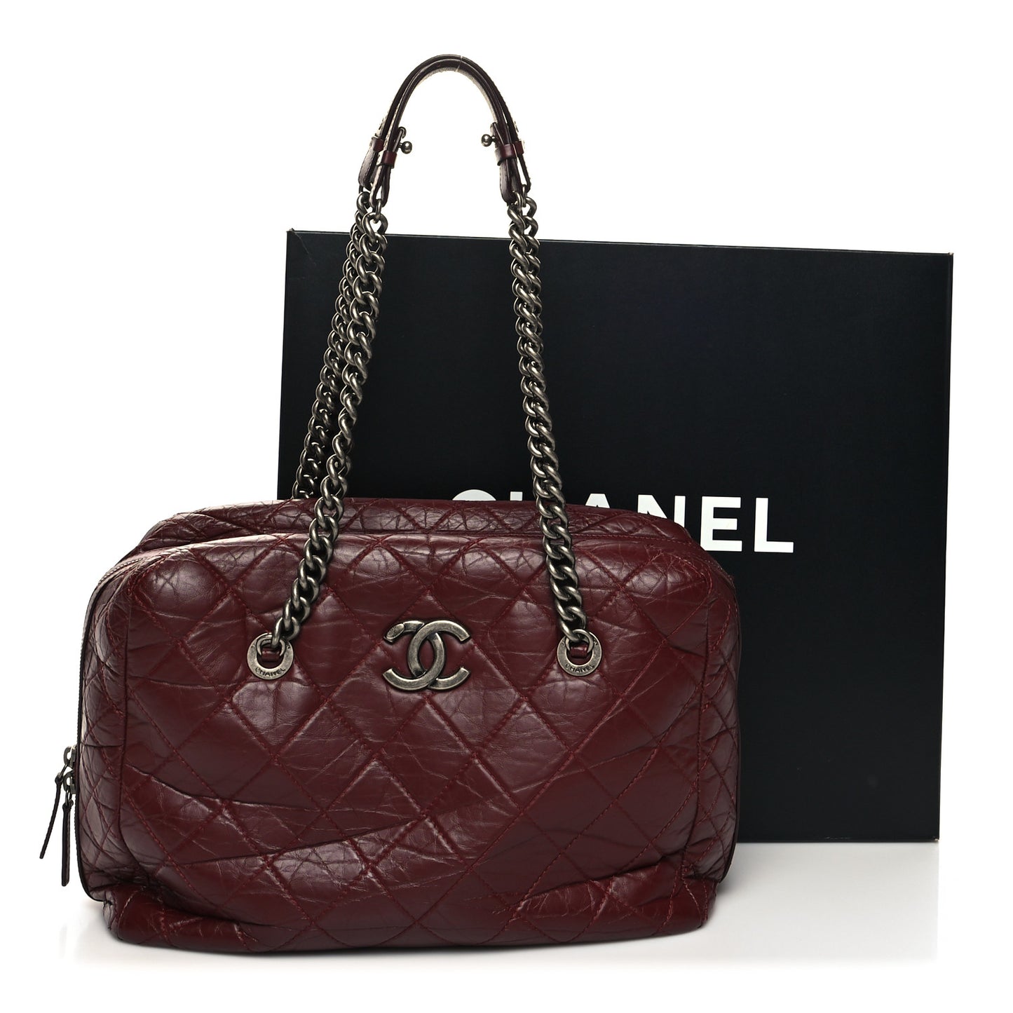 Aged Calfskin Quilted Large Secret Tag Bowling Bag Burgundy