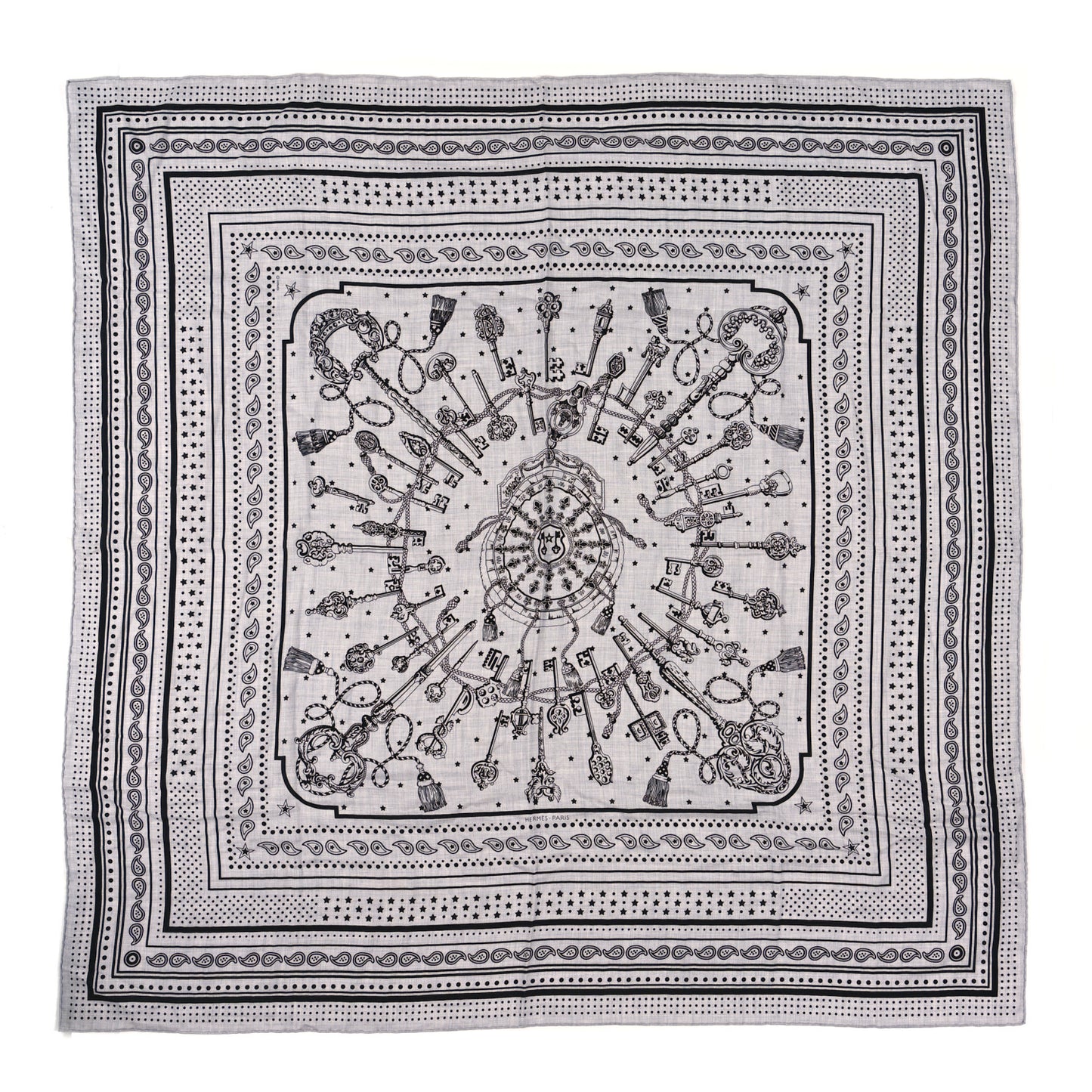 Cashmere Silk Les Cles Bandana Shawl 140 Gris Chine Black