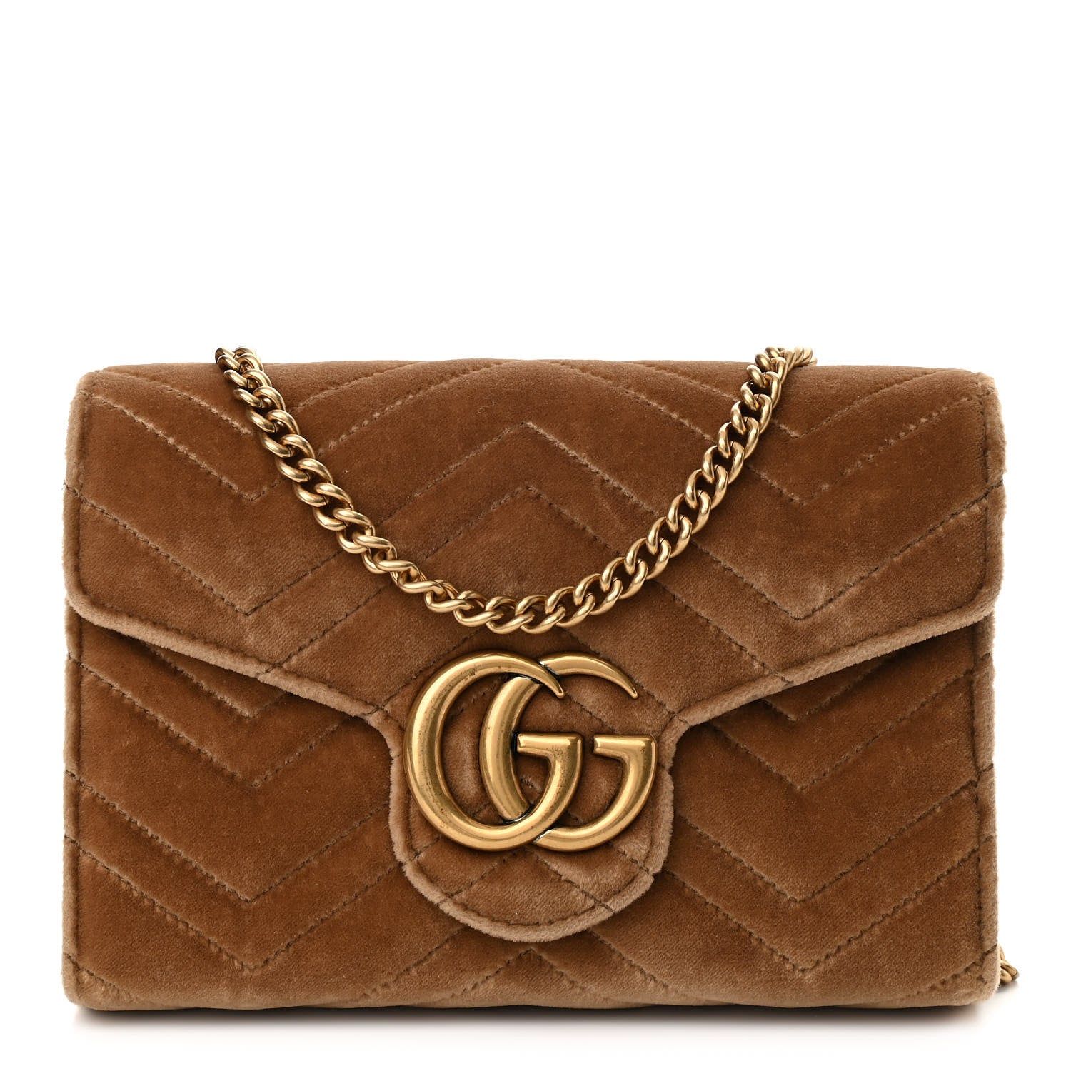 Gucci Velvet Matelasse GG Marmont Chain Wallet Taupe 1 of 11