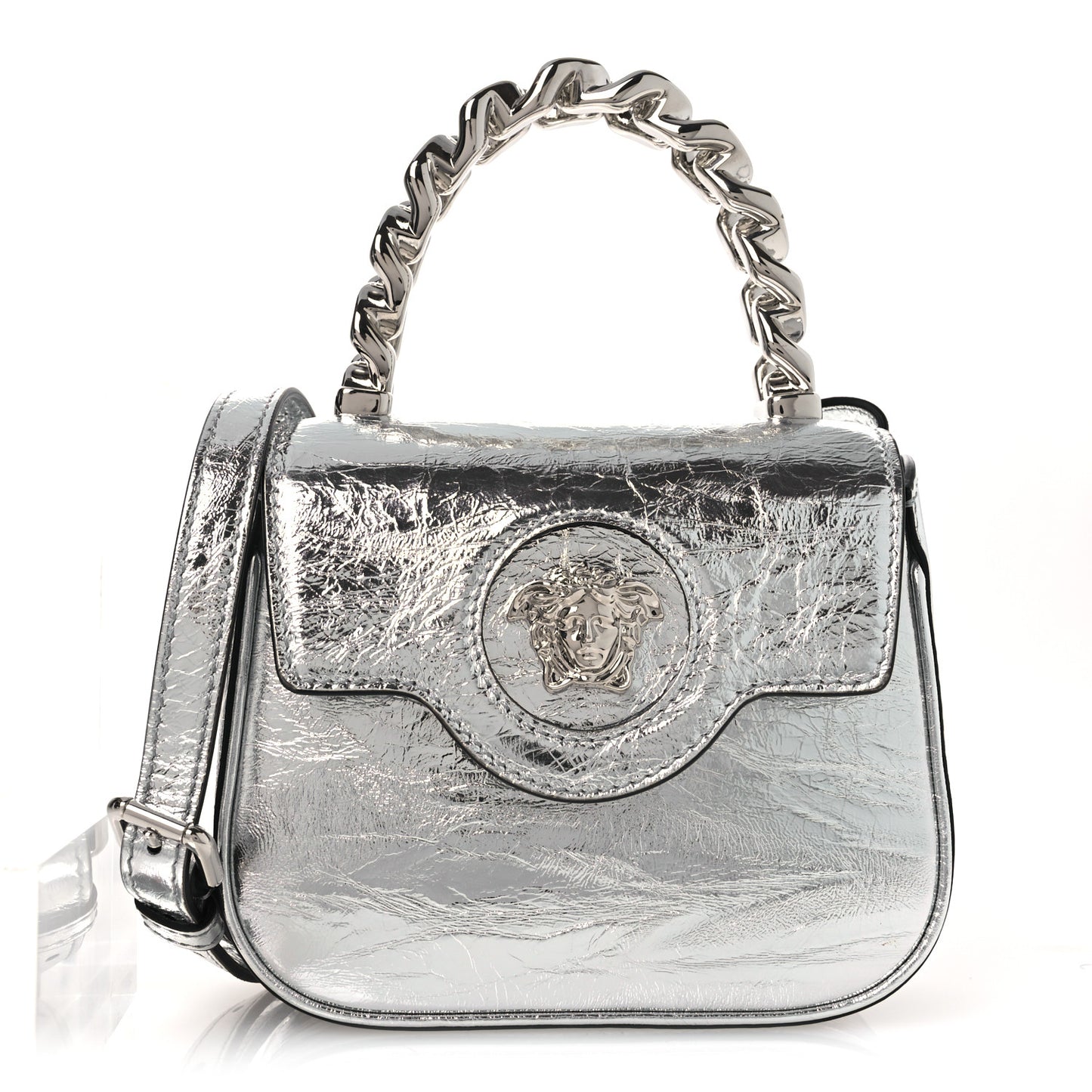 Metallic Crackled Lambskin Mini La Medusa Silver