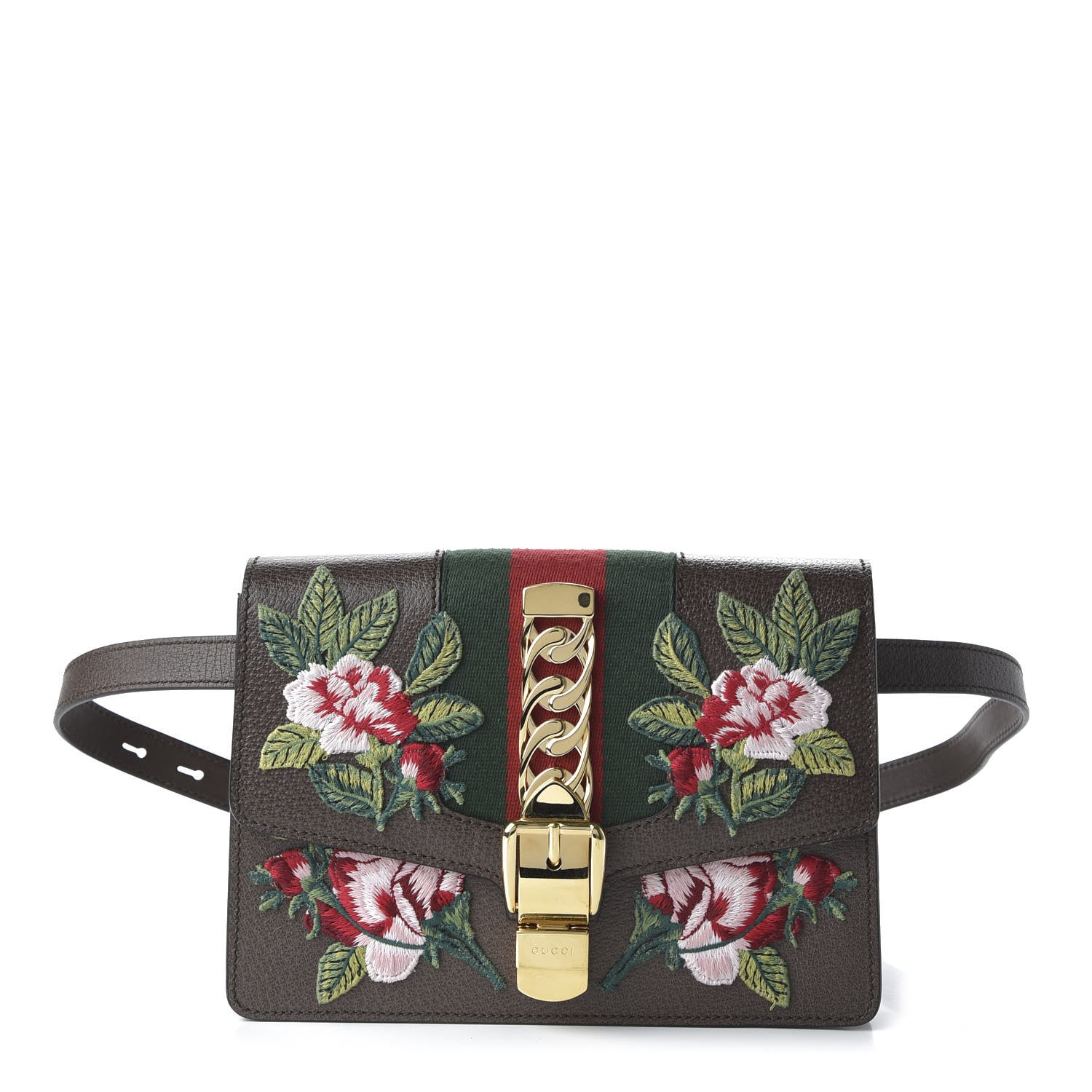 Gucci Calfskin Embroidered Sylvie Belt Bag Brown 1 of 10