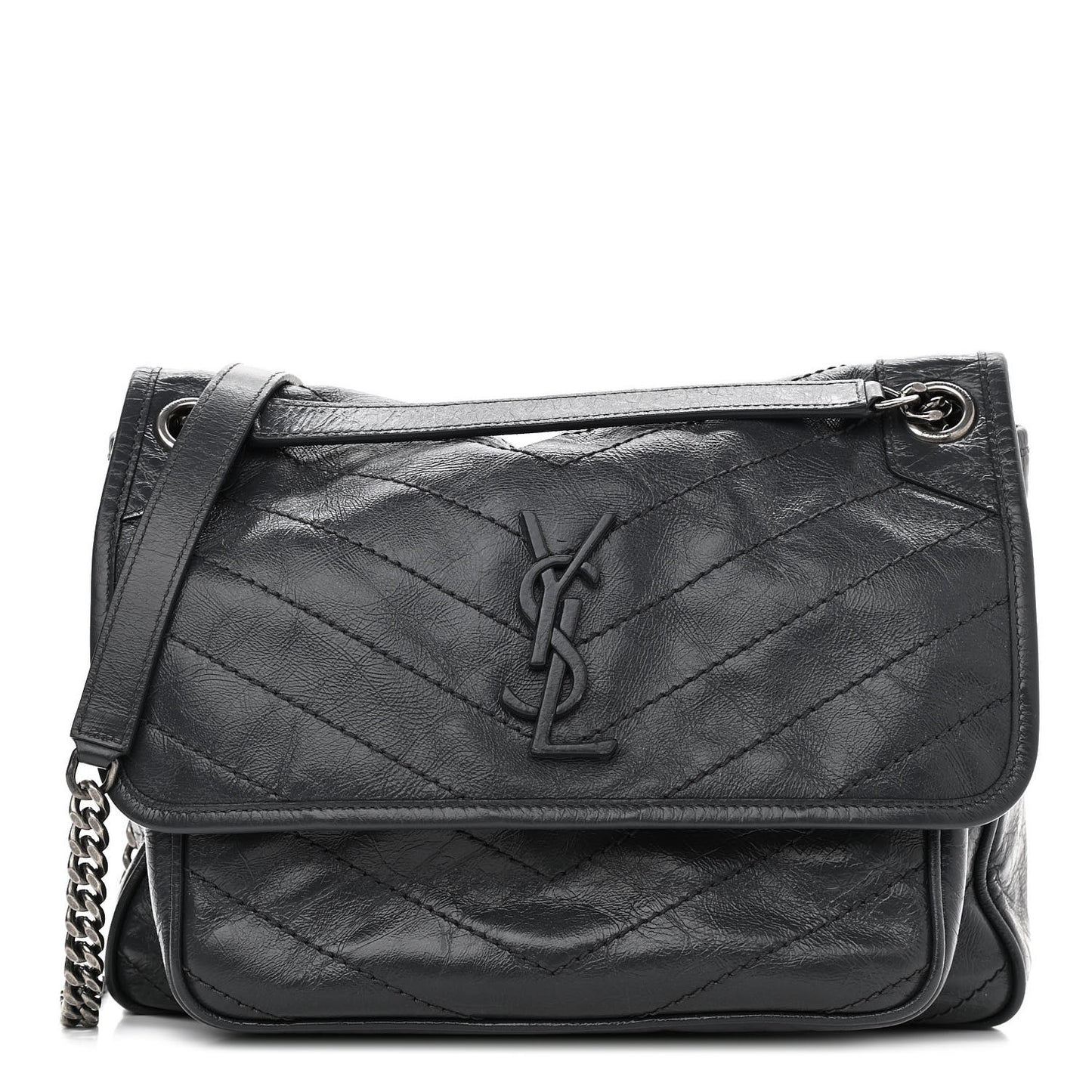 Crinkled Calfskin Matelasse Monogram Medium Niki Chain Satchel Dark Smog