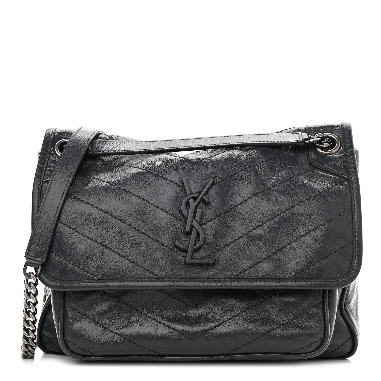 Saint Laurent Crinkled Calfskin Matelasse Monogram Medium Niki Chain Satchel Dark Smog 1 of 10