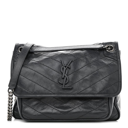 Saint Laurent Crinkled Calfskin Matelasse Monogram Medium Niki Chain Satchel Dark Smog 1 of 10
