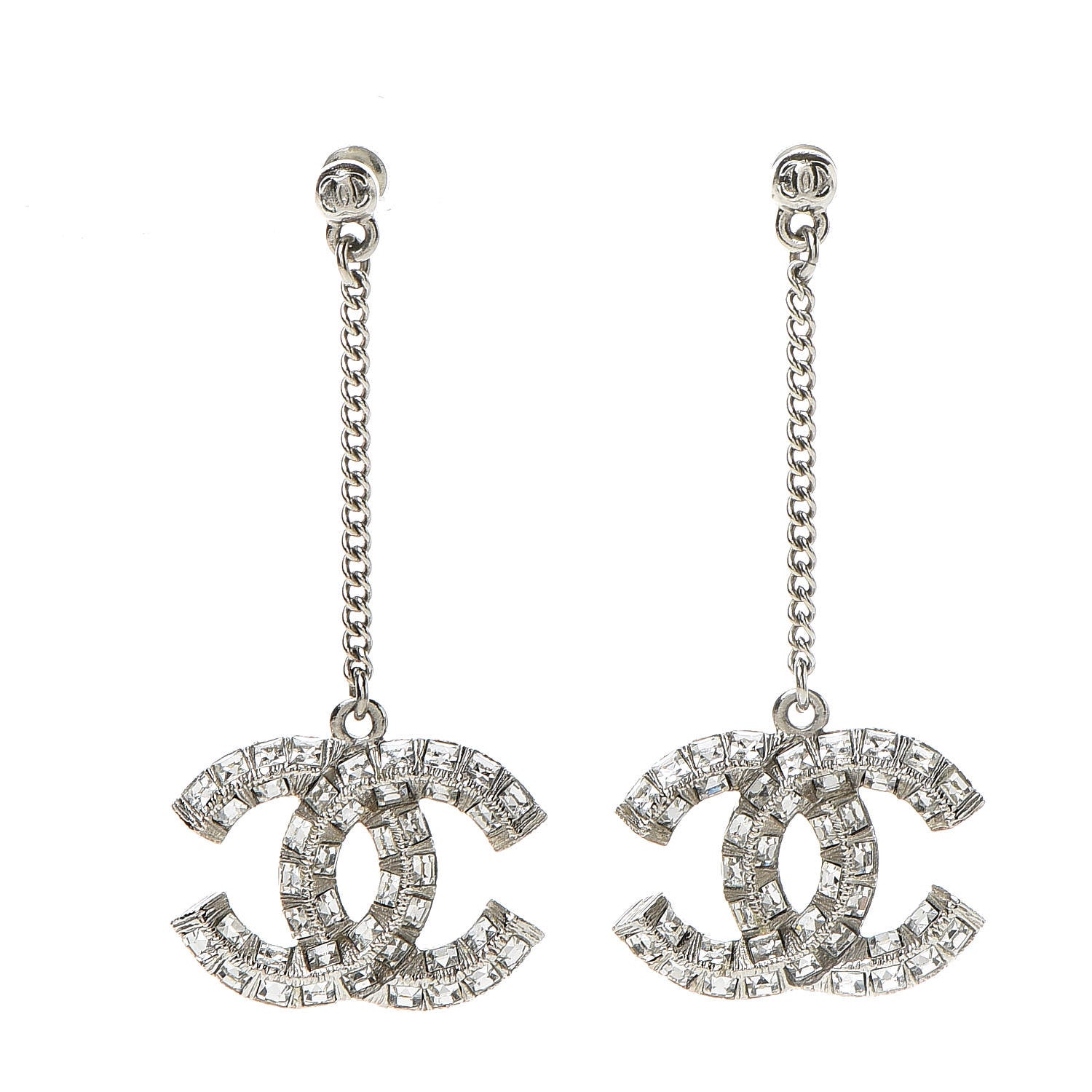 Chanel Crystal Baguette CC Dangle Earrings Silver 1 of 6