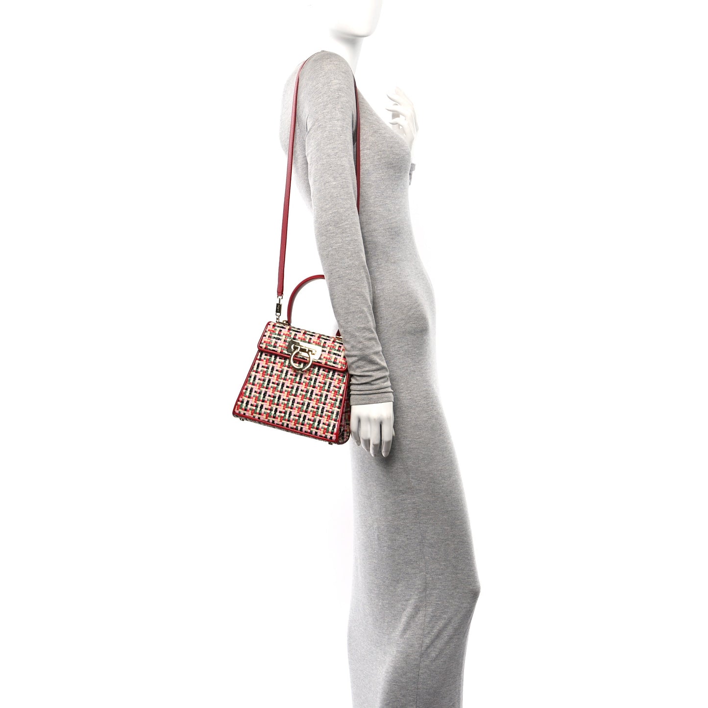 Raffia Calfskin Small Iconic Top Handle Red Multicolor