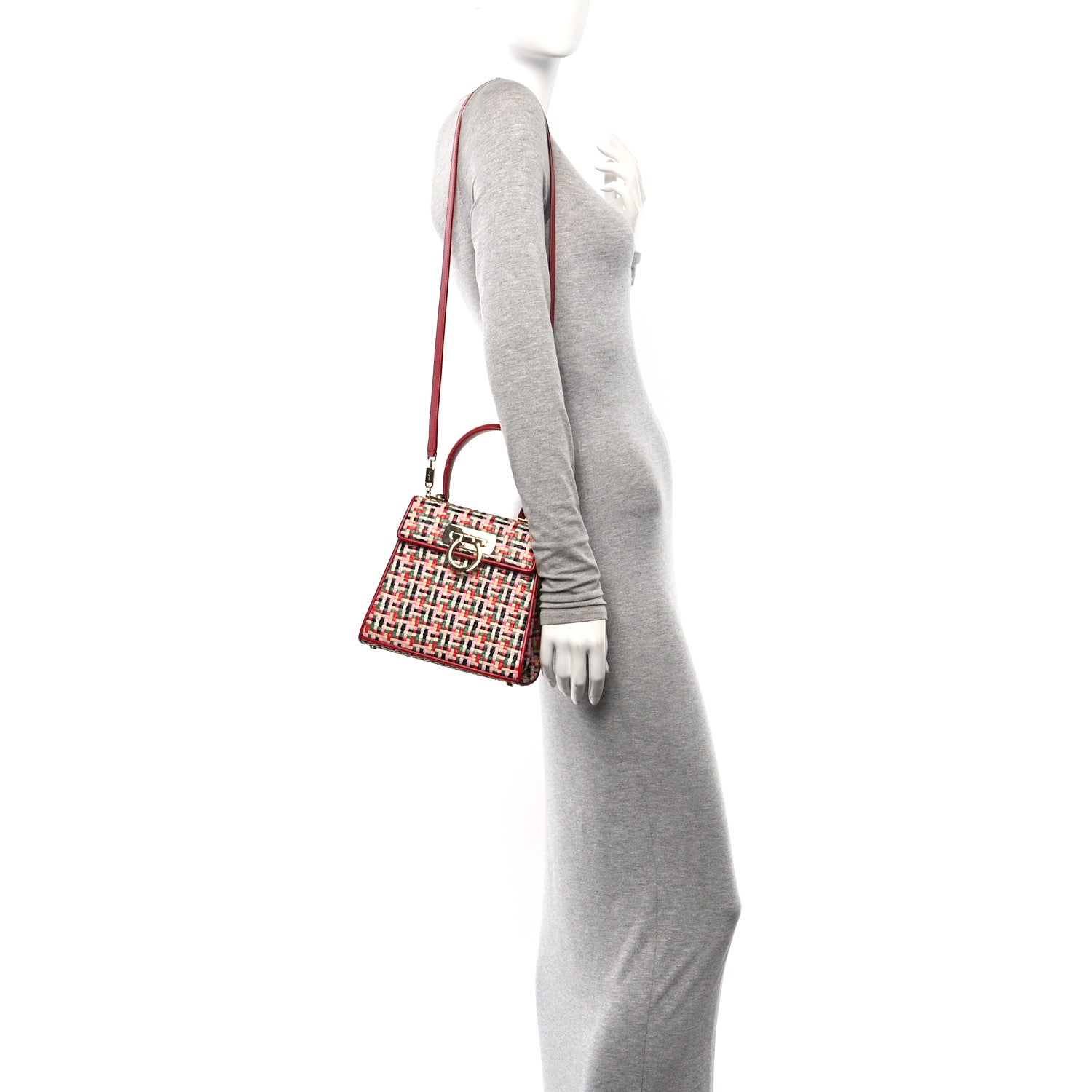 Salvatore Ferragamo Raffia Calfskin Small Iconic Top Handle Red Multicolor 2 of 11