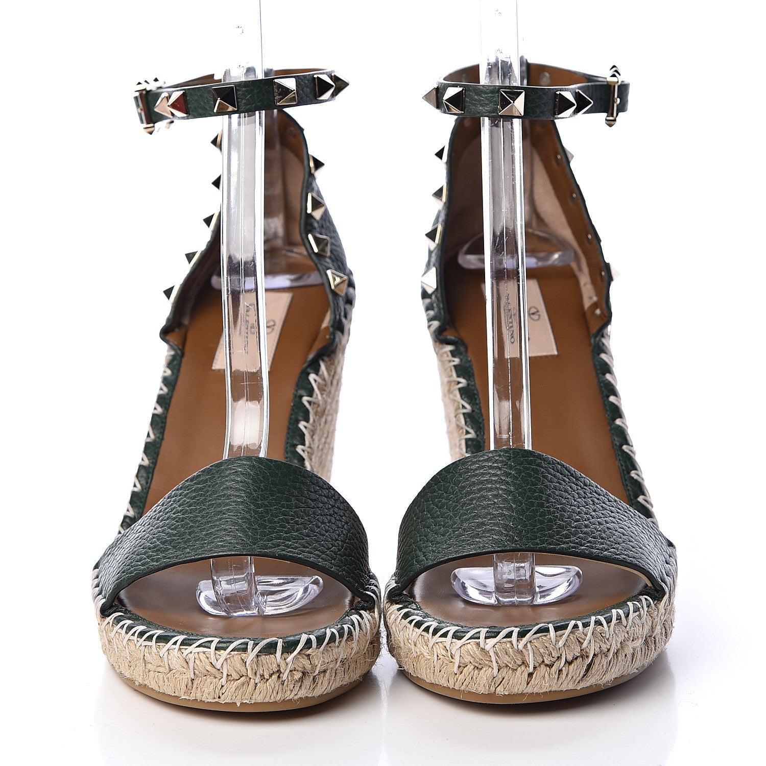 Valentino Garavani Grained Calfskin Rockstud Ankle Strap Espadrille 15/105mm Wedge Sandals 38 Army Green Natural 3 of 12