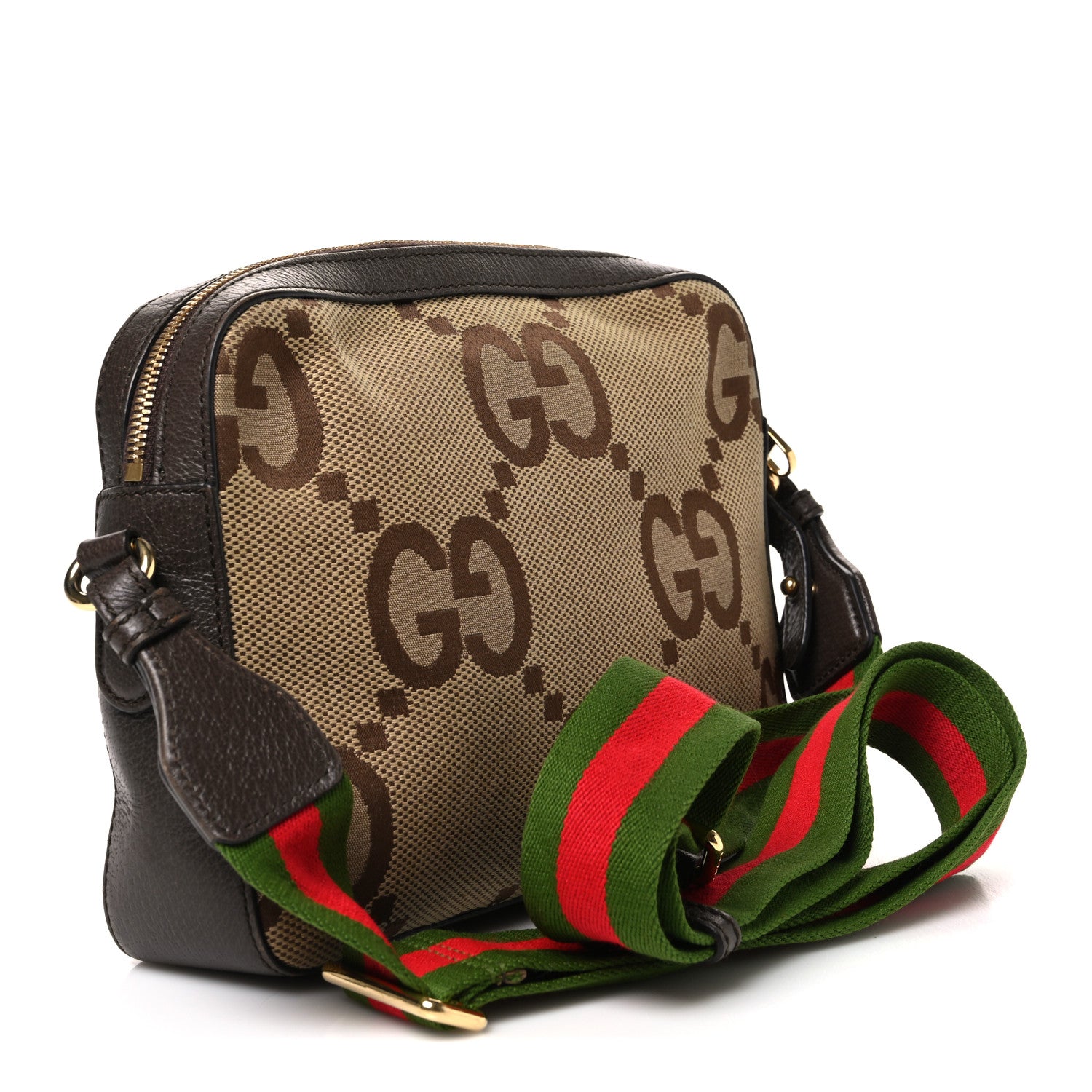 Gucci Monogram Jumbo GG Textured Dollar Calfskin Web Messenger Shoulder Bag Camel Ebony New Acero 2 of 9